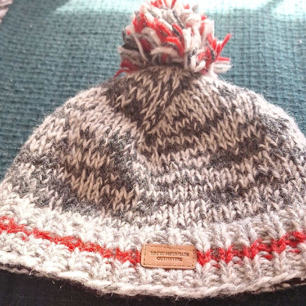 100% Handknit Wool Gray and Red Knit Beanie